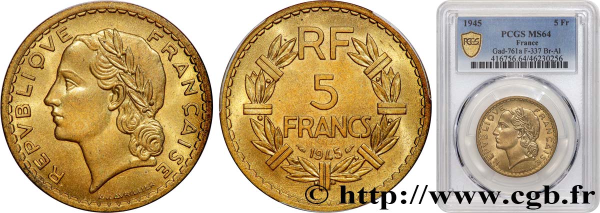 5 francs Lavrillier, bronze-aluminium 1945  F.337/5 SC64 PCGS