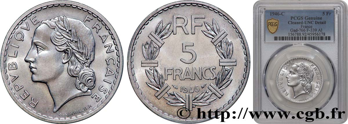 5 francs Lavrillier, aluminium 1946 Castelsarrasin F.339/8 fST PCGS