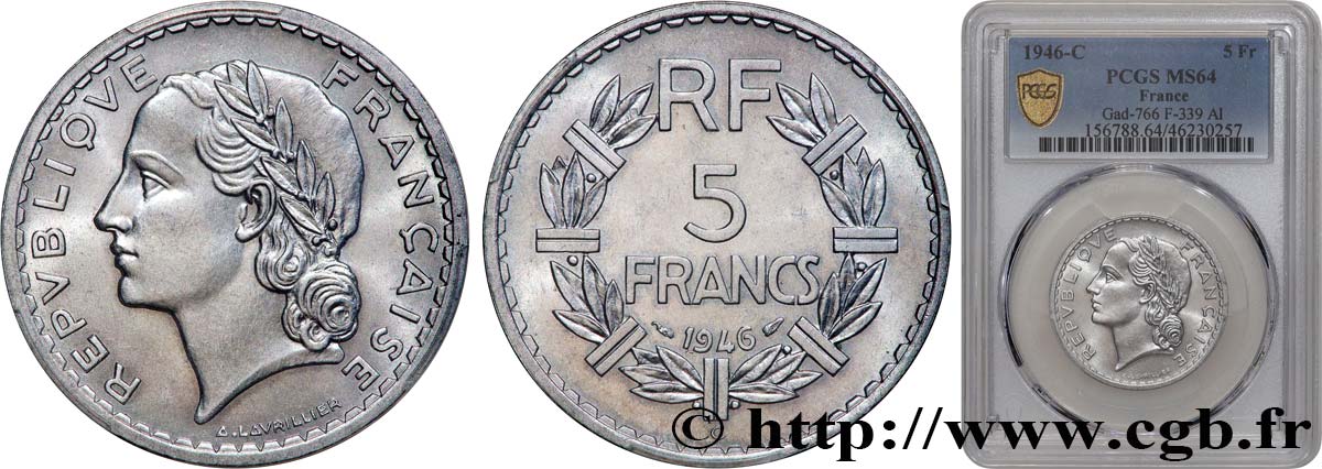 5 francs Lavrillier, aluminium 1946 Castelsarrasin F.339/8 fST64 PCGS