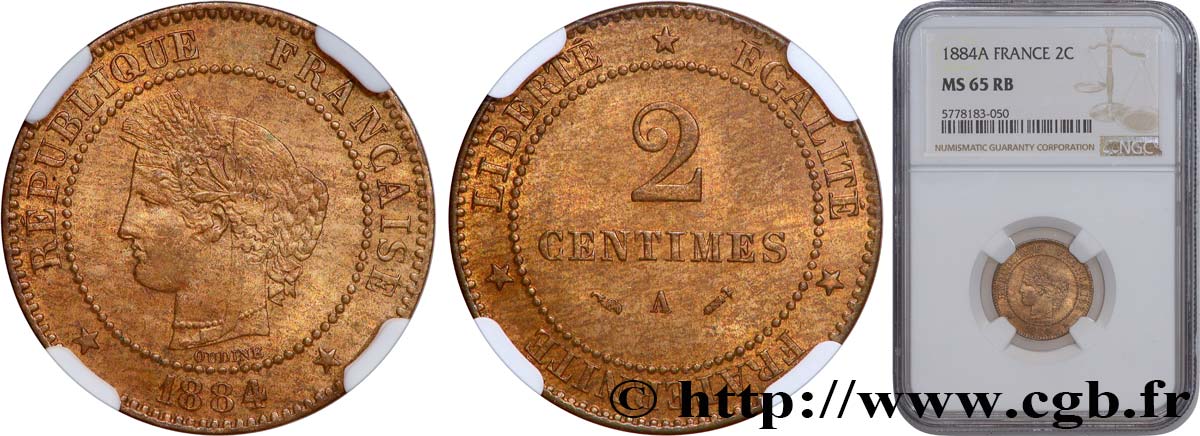2 centimes Cérès 1884 Paris F.109/9 FDC65 NGC