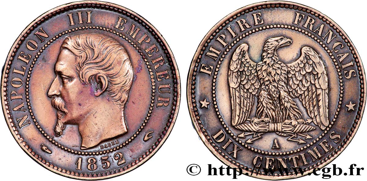 Dix centimes Napoléon III, tête nue 1852 Paris F.133/1 AU 