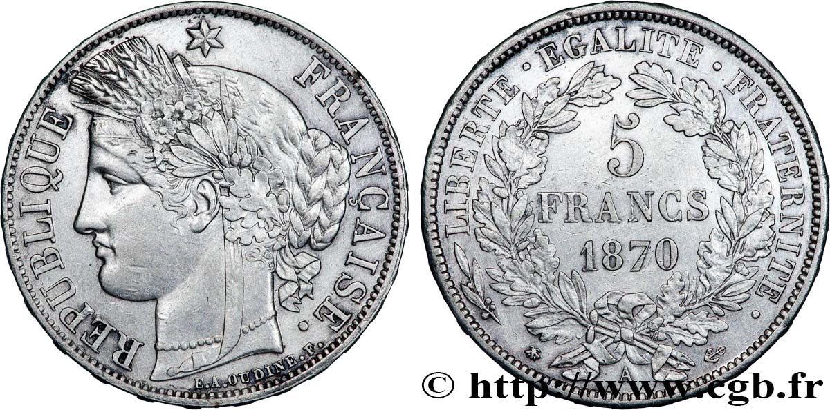5 francs Cérès, avec légende 1870 Paris F.333/1 AU 