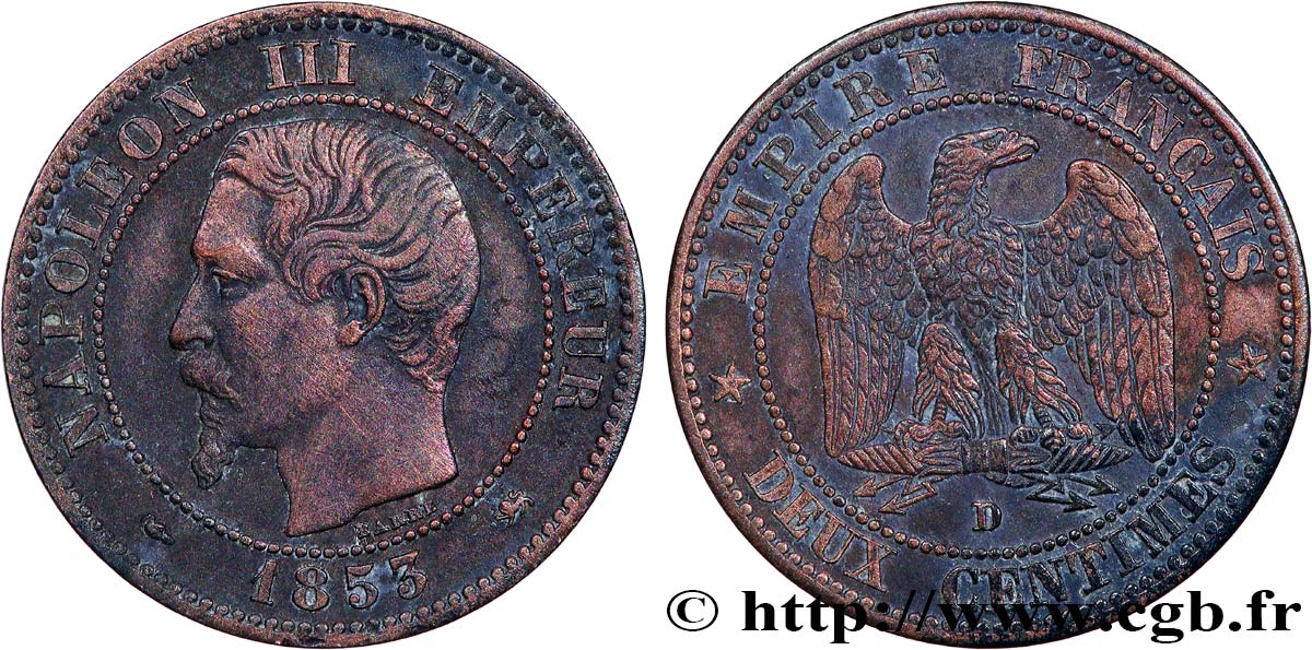 Deux centimes Napoléon III, tête nue 1853 Lyon F.107/5 VF 