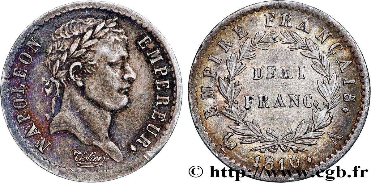 Demi-franc Napoléon Ier tête laurée, Empire français 1810 Paris F.178/10 TTB+ 