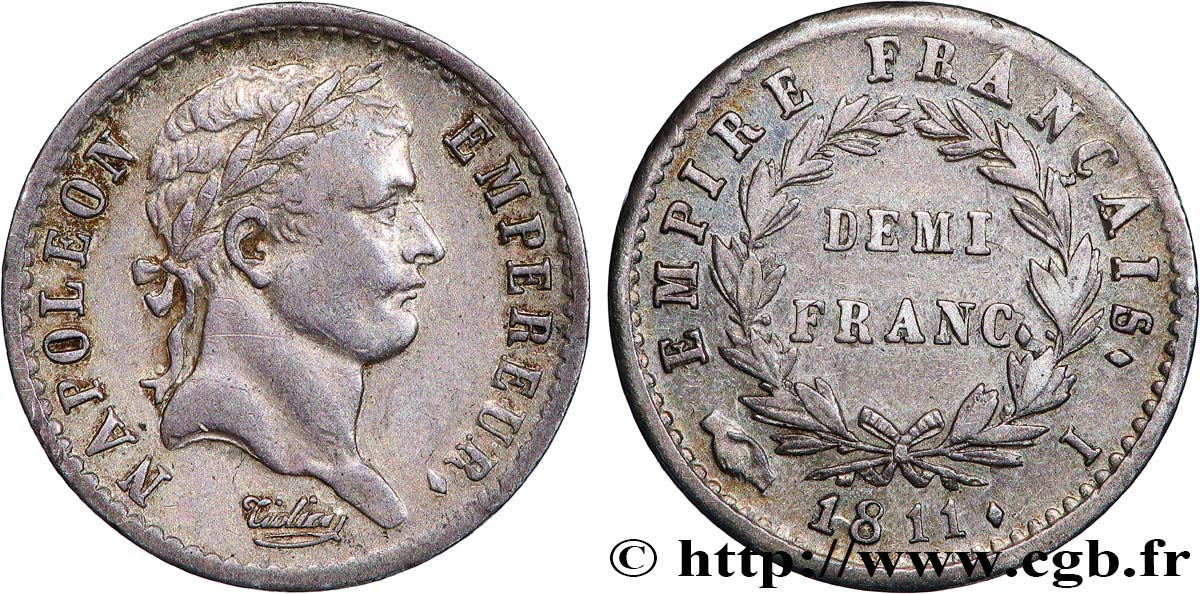 Demi-franc Napoléon Ier tête laurée, Empire français 1811 Limoges F.178/26 XF 