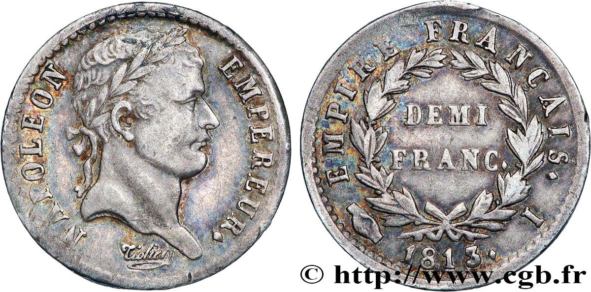 Demi-franc Napoléon Ier tête laurée, Empire français 1813 Limoges F.178/54 TB35 