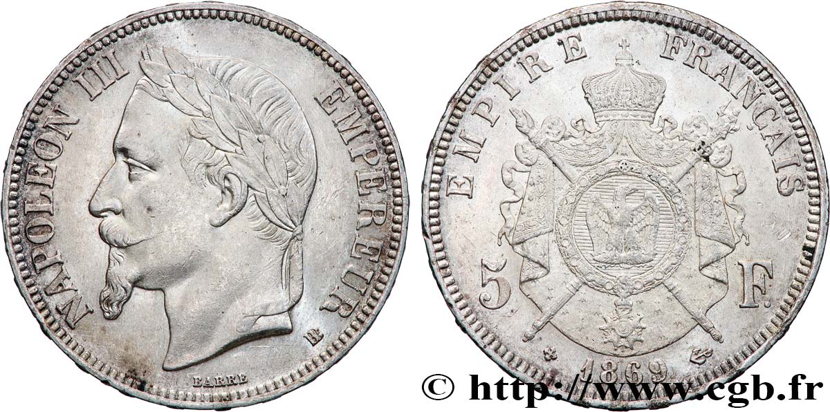 5 francs Napoléon III, tête laurée 1869 Strasbourg F.331/15 SPL55 