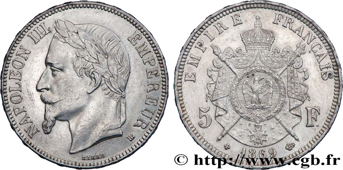 5 francs Napoléon III, tête laurée 1869 Strasbourg F.331/15 MBC+ 