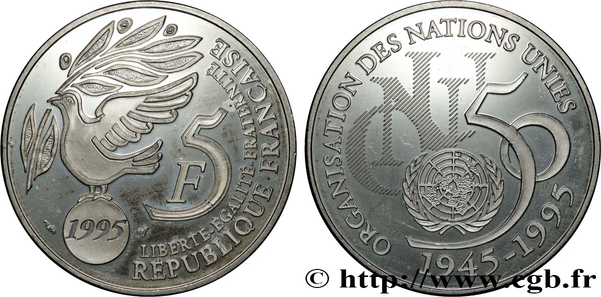 Belle Épreuve 5 francs Cinquantenaire de l’ONU 1995 Paris F5.1203 2 VZ+ 