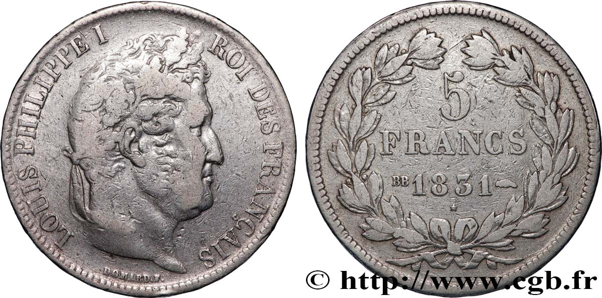 5 francs Ier type Domard, tranche en relief 1831 Strasbourg F.320/3 VF 