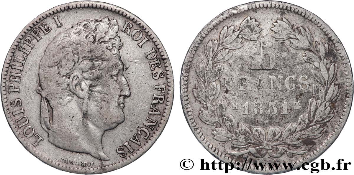 5 francs Ier type Domard, tranche en relief 1831 Toulouse F.320/9 TB+ 