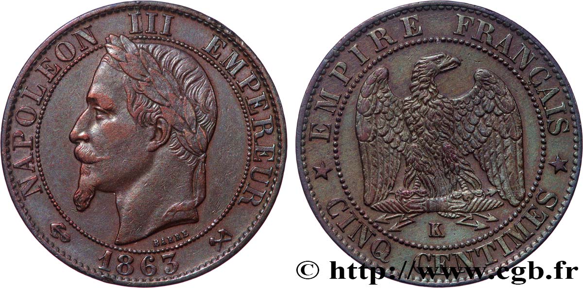 Cinq centimes Napoléon III, tête laurée 1863 Bordeaux F.117/12 MBC 
