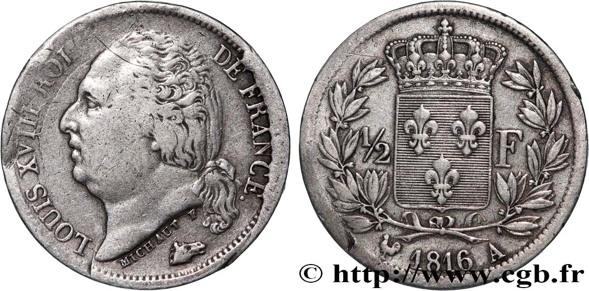 1/2 franc Louis XVIII 1816 Paris F.179/1 VF 