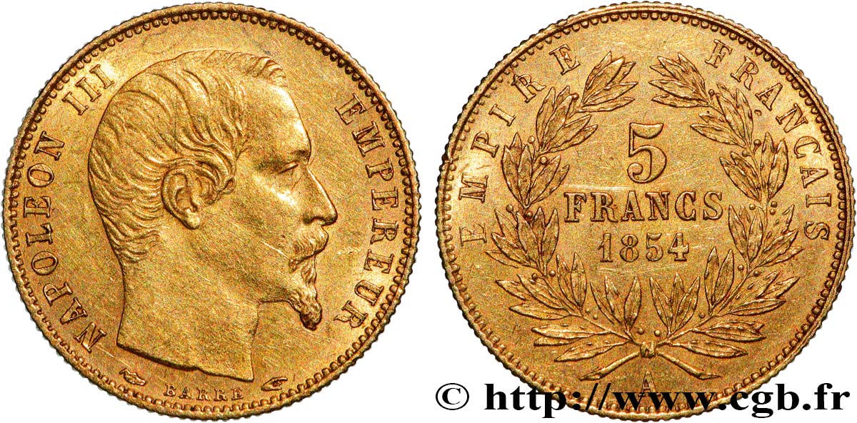 5 francs or Napoléon III, tête nue, petit module, tranche cannelée 1854 Paris F.500A/1 fVZ 