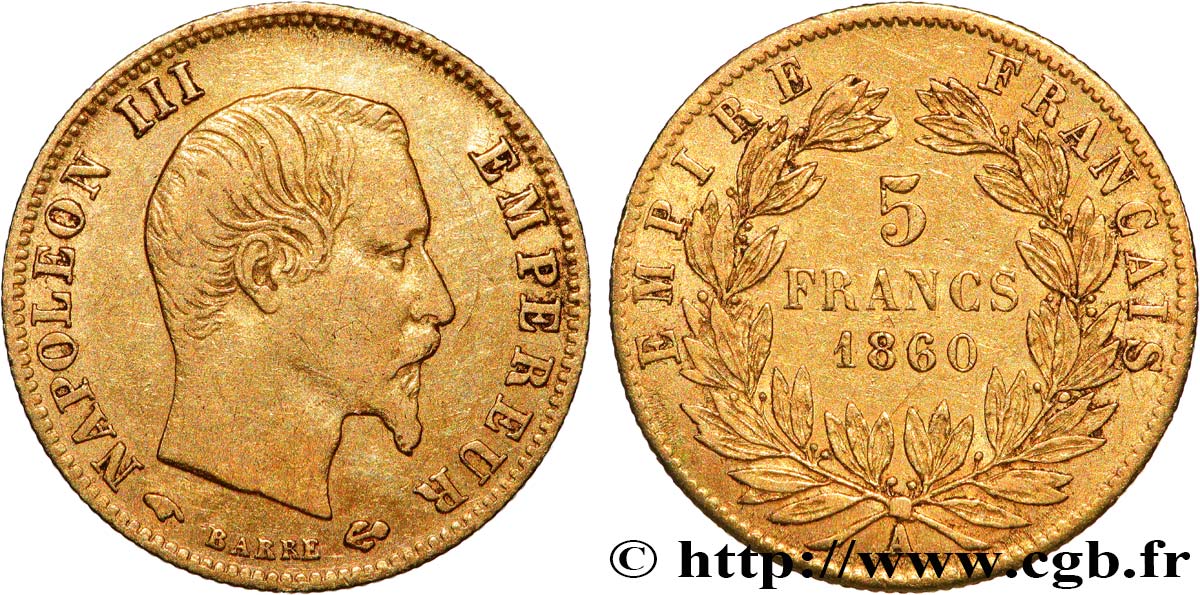 5 francs or Napoléon III, tête nue, grand module 1860 Paris F.501/10 VF 