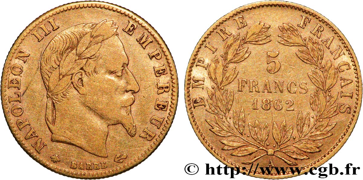 5 francs or Napoléon III, tête laurée 1862 Paris F.502/1 MB 