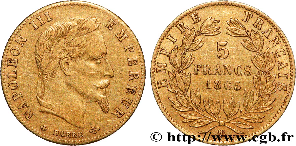 5 francs or Napoléon III, tête laurée 1865 Strasbourg F.502/8 XF 