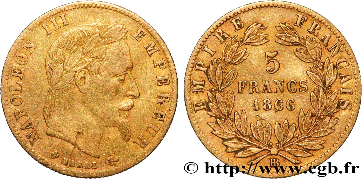 5 francs or Napoléon III, tête laurée 1866 Strasbourg F.502/10 TB+ 