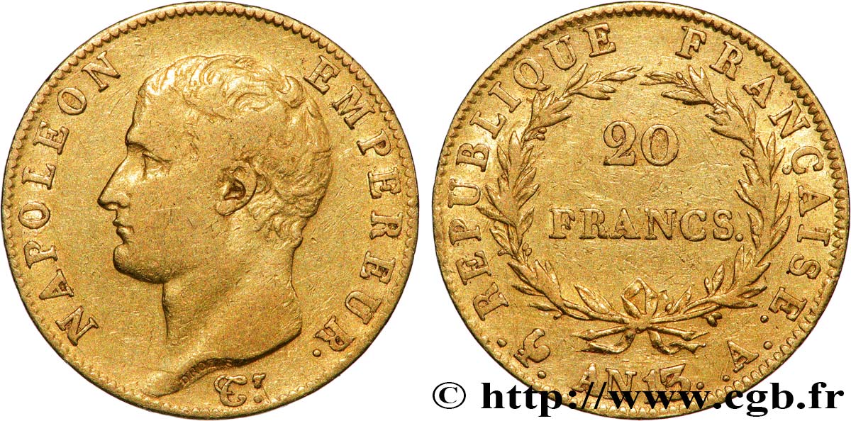 20 francs or Napoléon tête nue, Calendrier révolutionnaire 1805 Paris F.512/1 BC+ 