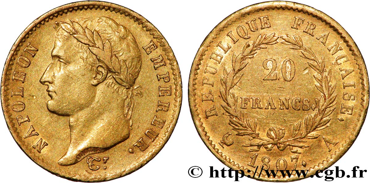20 francs or Napoléon tête laurée, République française 1807 Paris F.515/1 XF 