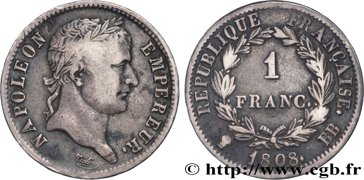 1 franc Napoléon Ier tête laurée, République française 1808 Strasbourg F.204/4 XF 