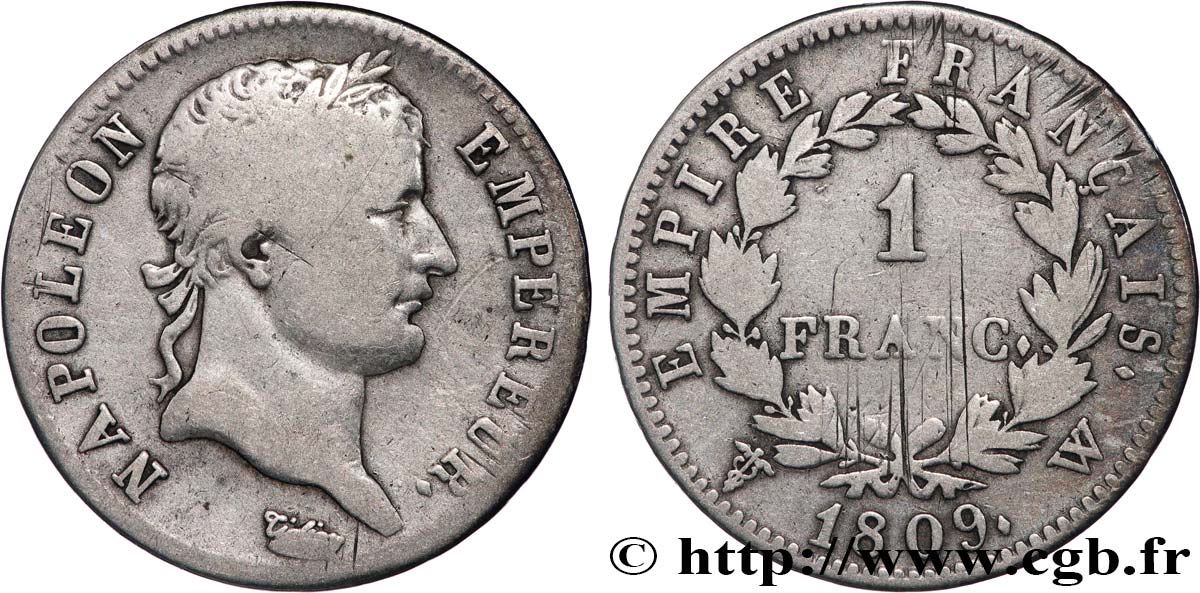 1 franc Napoléon Ier tête laurée, Empire français 1809 Lille F.205/11 TB 