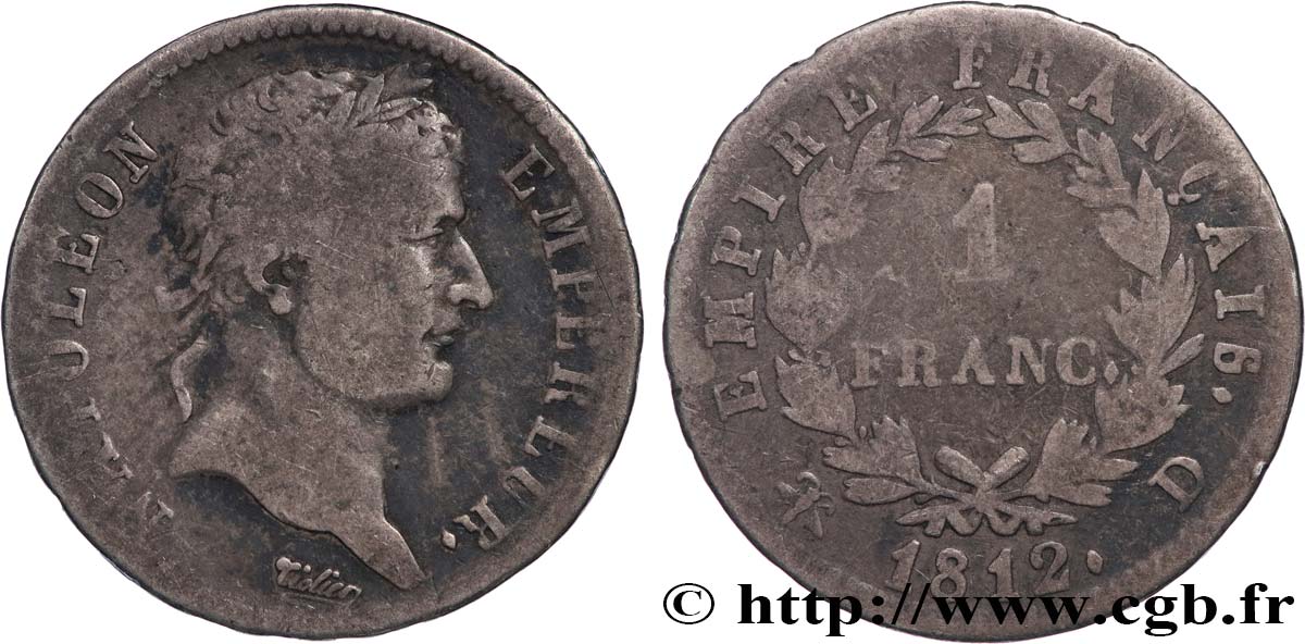 1 franc Napoléon Ier tête laurée, Empire français 1812 Lyon F.205/45 B12 