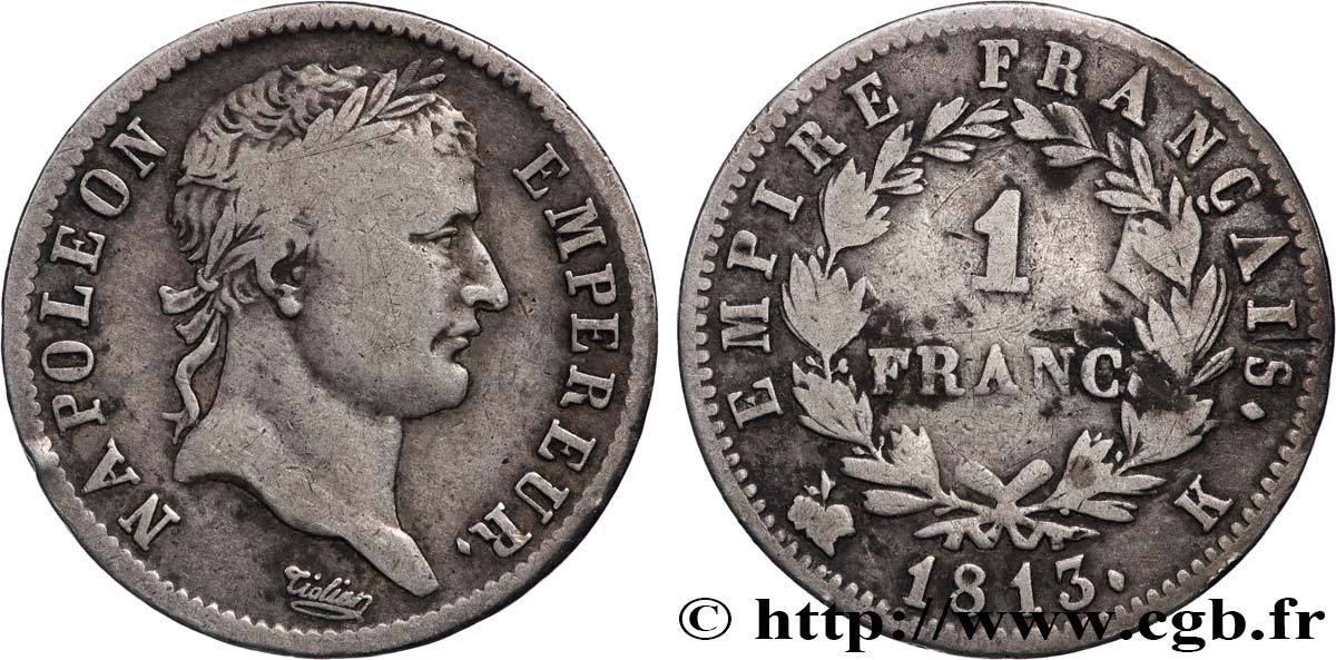 1 franc Napoléon Ier tête laurée, Empire français 1813 Bordeaux F.205/64 TB 