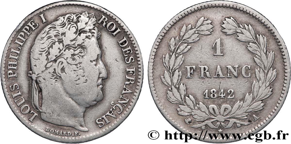 1 franc Louis-Philippe, couronne de chêne 1842 Paris F.210/85 MB 