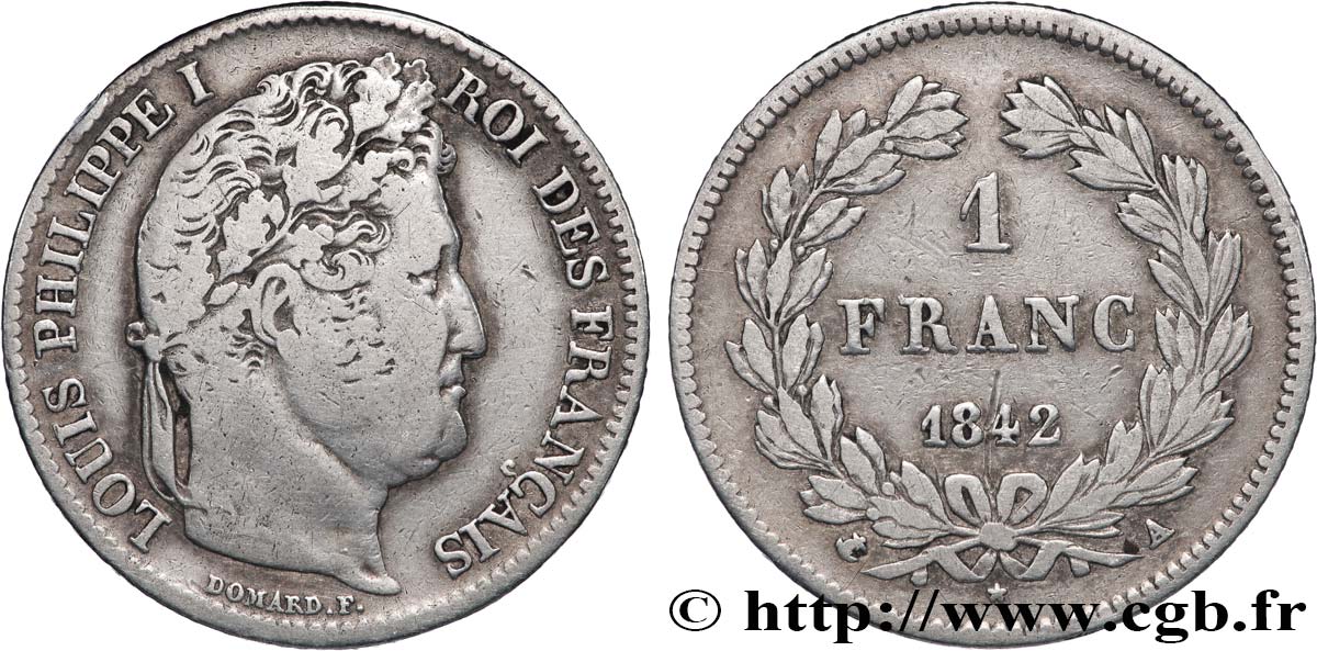 1 franc Louis-Philippe, couronne de chêne 1842 Paris F.210/85 TB 