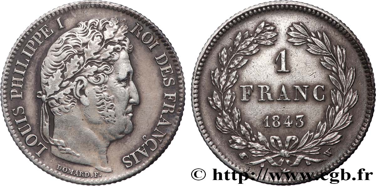 1 franc Louis-Philippe, couronne de chêne 1843 Lille F.210/94 TTB 