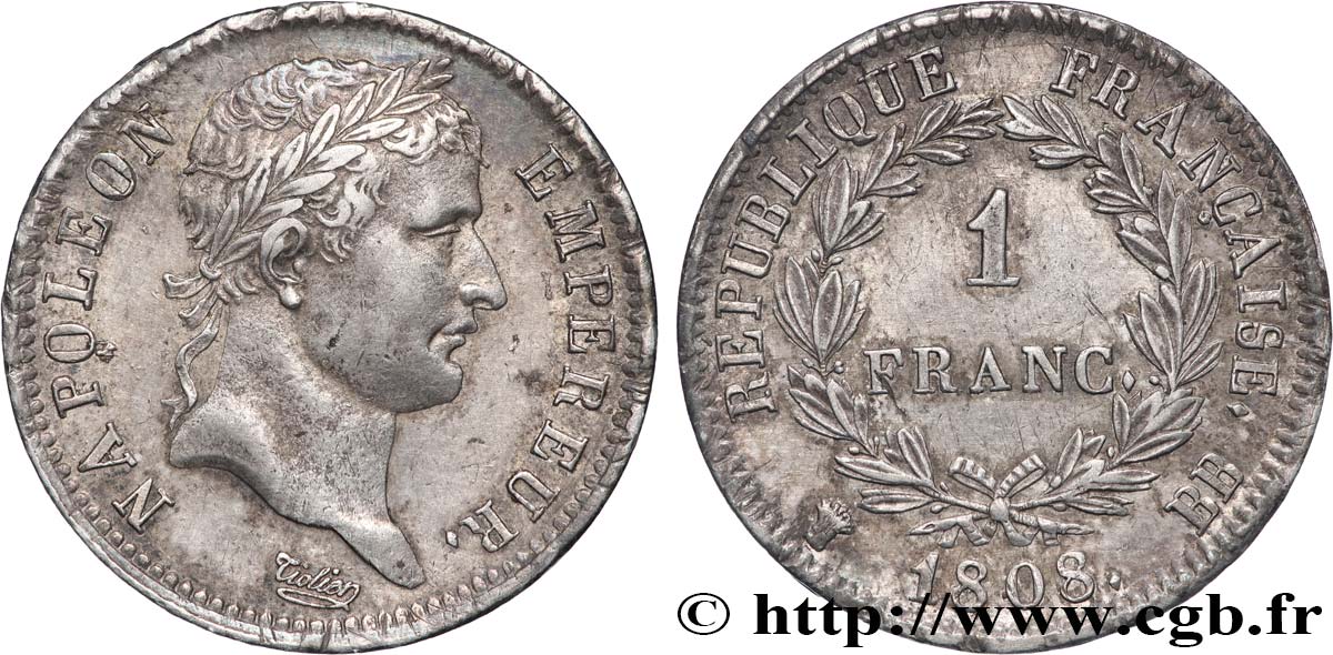 1 franc Napoléon Ier tête laurée, République française 1808 Strasbourg F.204/4 TTB+ 