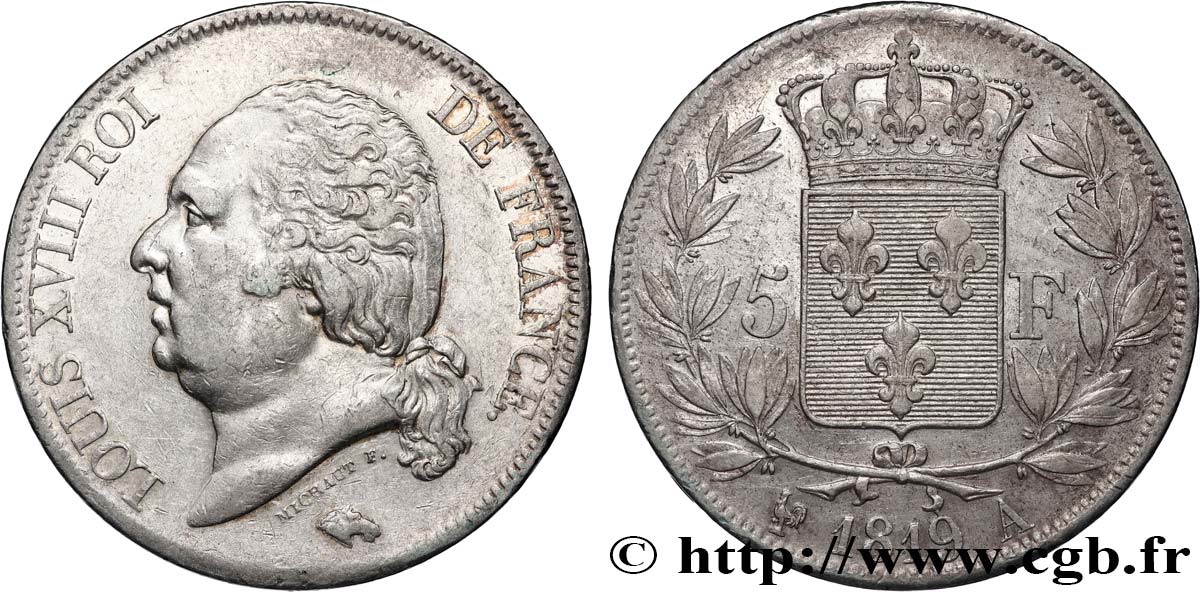 5 francs Louis XVIII, tête nue 1819 Paris F.309/40 SS 
