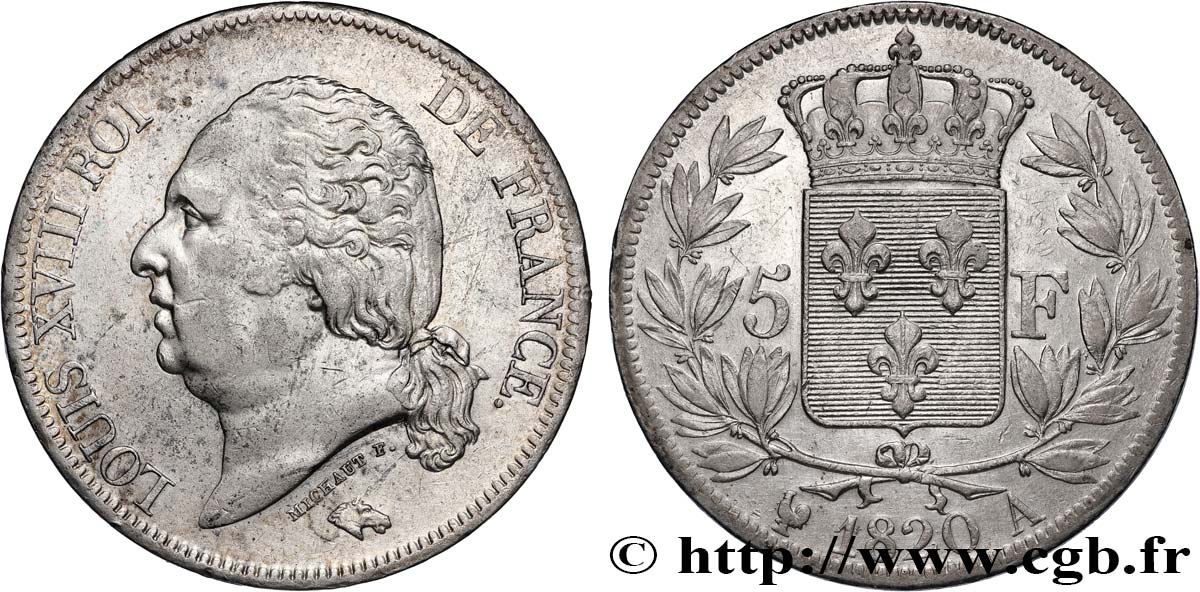 5 francs Louis XVIII, tête nue 1820 Paris F.309/49 BB 