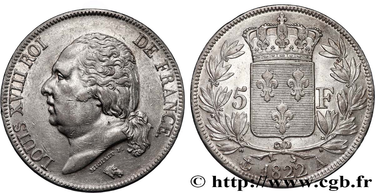 5 francs Louis XVIII, tête nue 1822 Paris F.309/68 TTB+ 