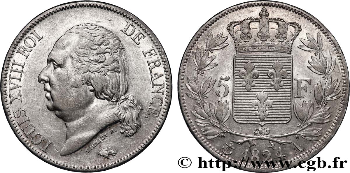 5 francs Louis XVIII, tête nue 1824 Paris F.309/88 q.SPL 