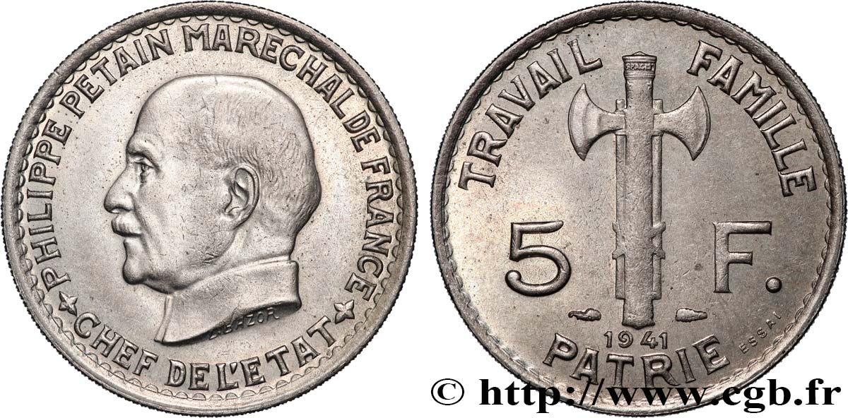 Essai de 5 francs Pétain 1941 Paris F.338/1 SPL 