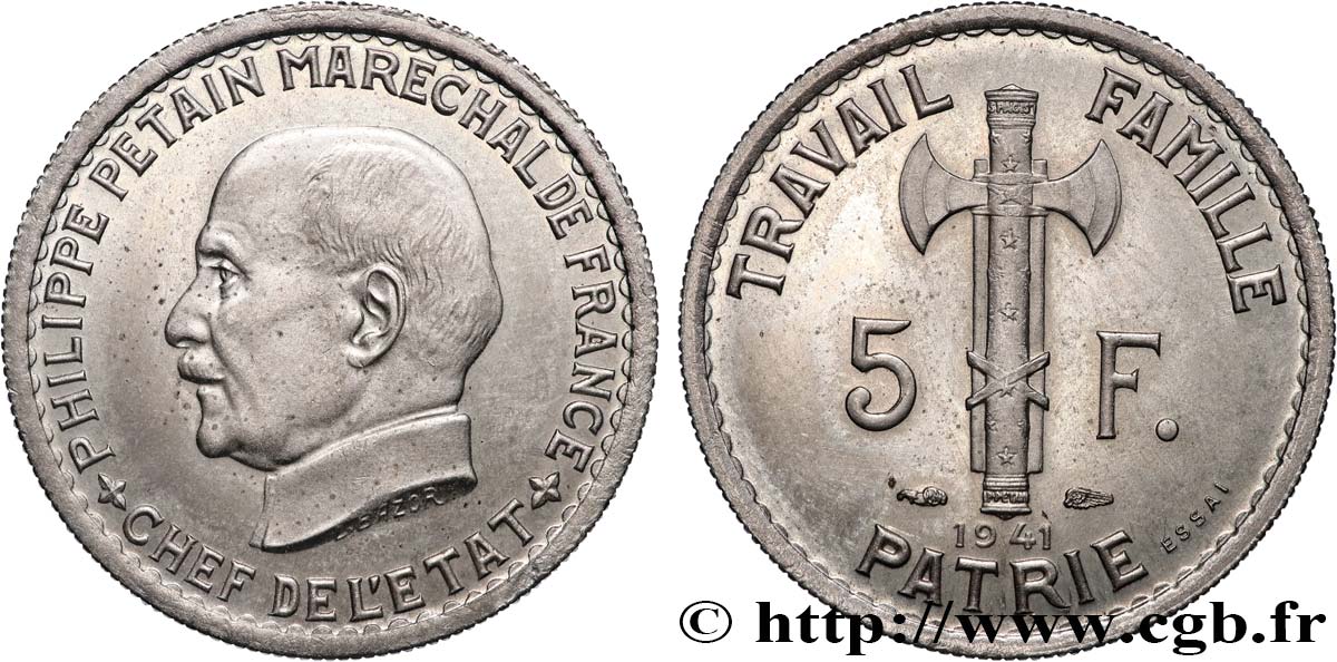 Essai cupro-nickel de 5 francs Pétain, type III 1941 Paris GEM.142 53 MS63 