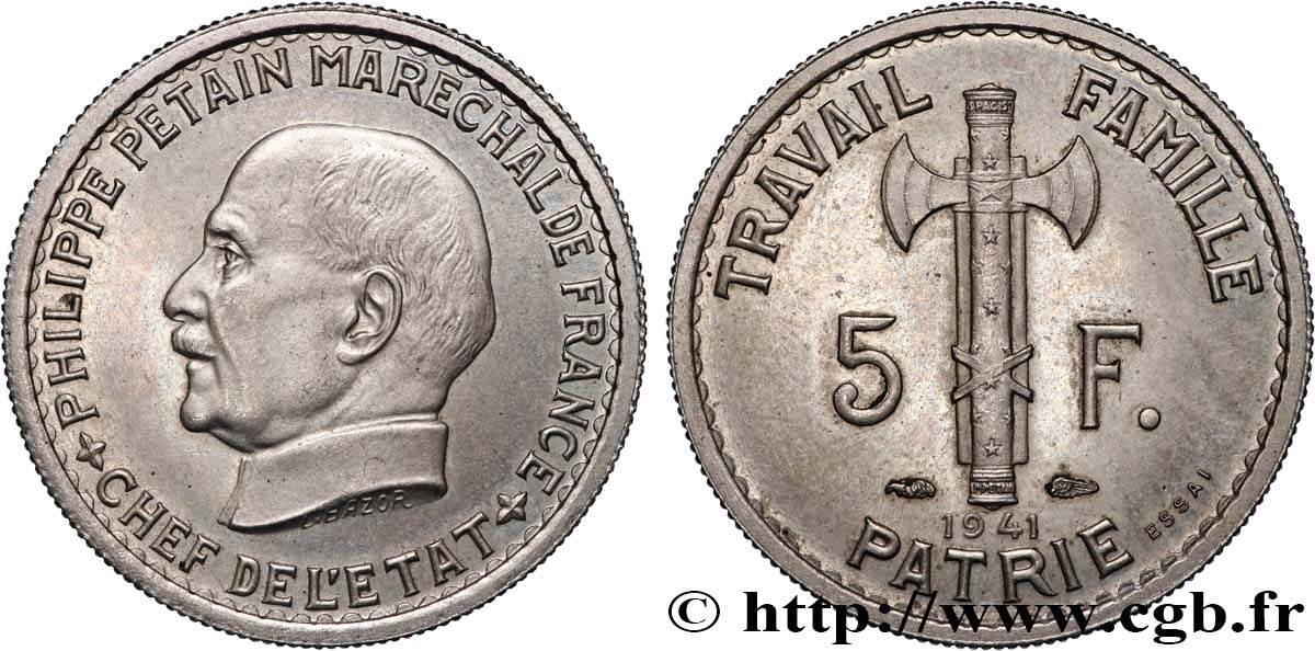 Essai cupro-nickel de 5 francs Pétain, type III 1941 Paris GEM.142 53 SPL63 