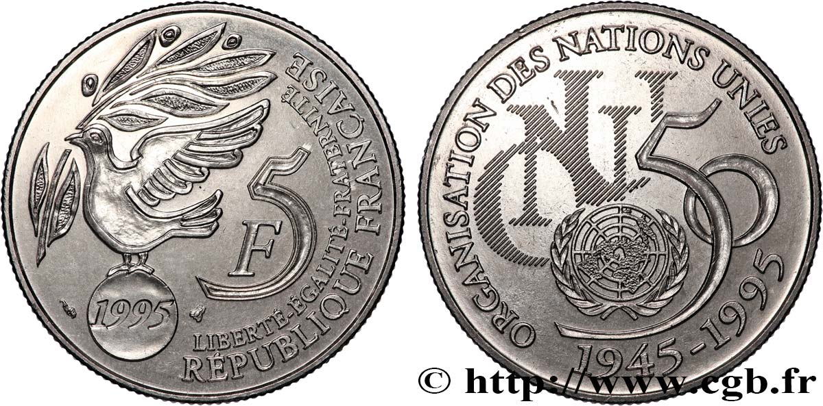 5 francs Cinquantenaire de l’ONU 1995 Pessac F.345/1 SUP62 