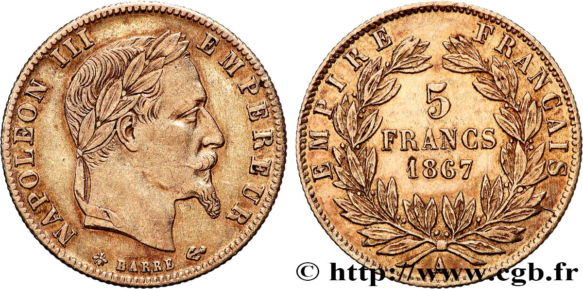 5 francs or Napoléon III, tête laurée 1867 Paris F.502/11 TTB 