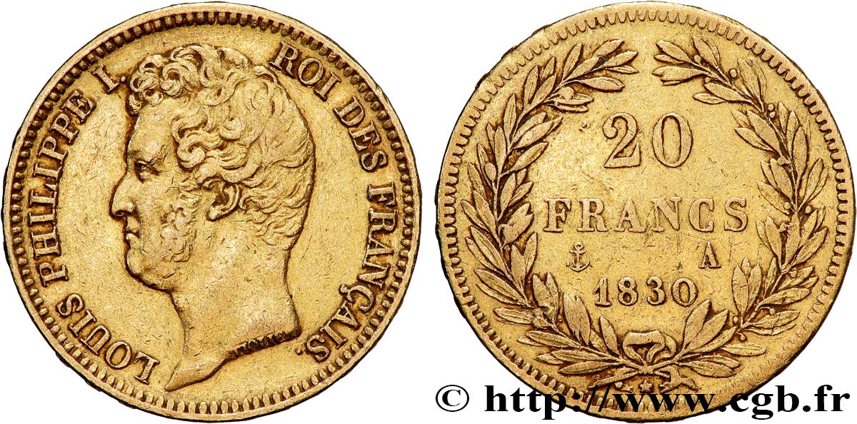20 francs or Louis-Philippe, Tiolier, tranche inscrite en relief 1830 Paris F.525/1 VF 