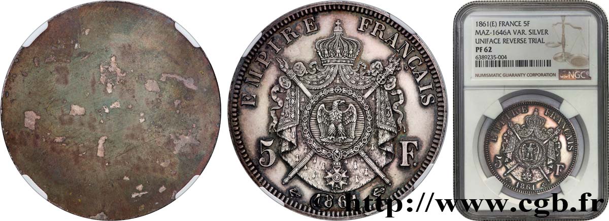 Essai Uniface en bronze argenté de revers de 5 francs Barre, Flan Bruni 1861 Paris VG.3579  MS62 NGC
