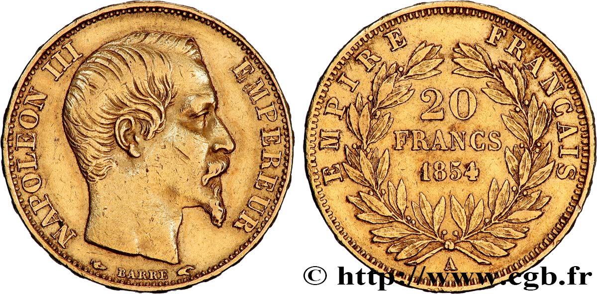 20 francs or Napoléon III, tête nue 1854 Paris F.531/2 BB 