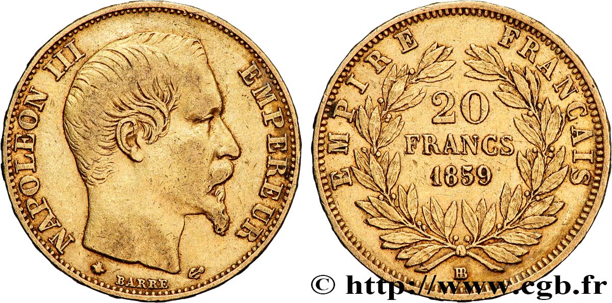 20 francs or Napoléon III, tête nue 1859 Strasbourg F.531/16 MBC 