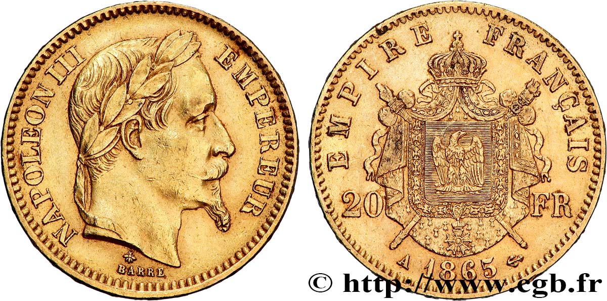 20 francs or Napoléon III, tête laurée 1865 Paris F.532/11 fVZ 