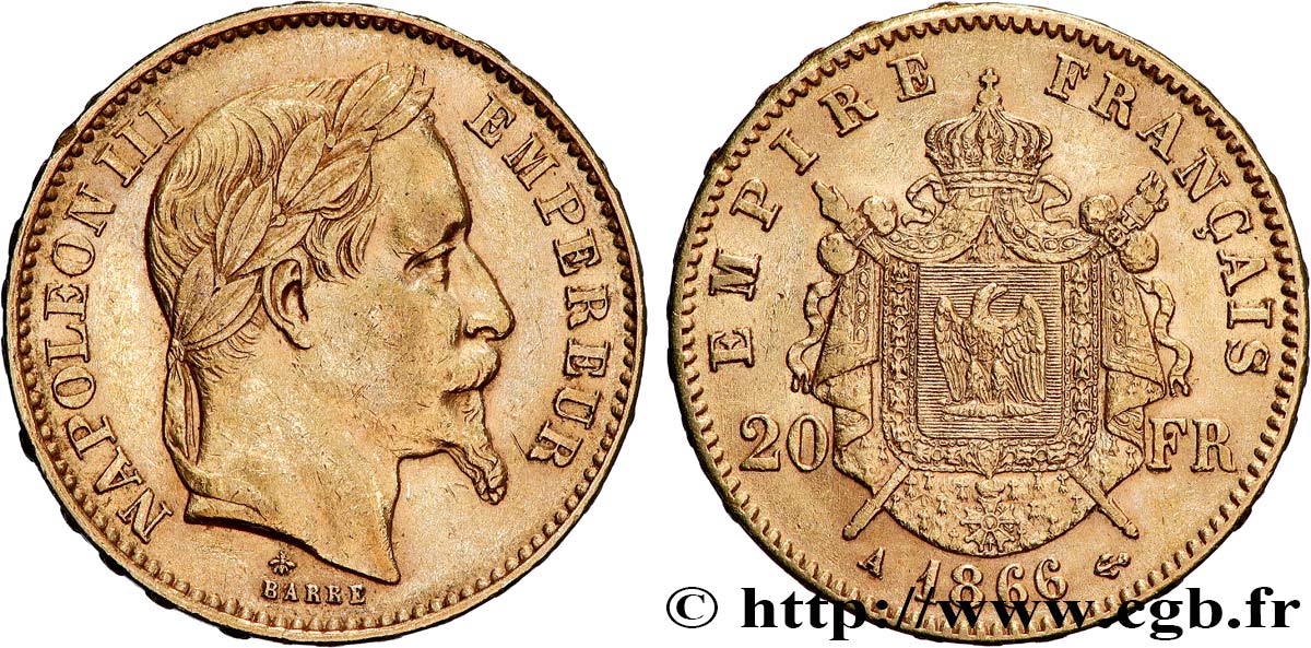 20 francs or Napoléon III, tête laurée 1866 Paris F.532/13 BB 
