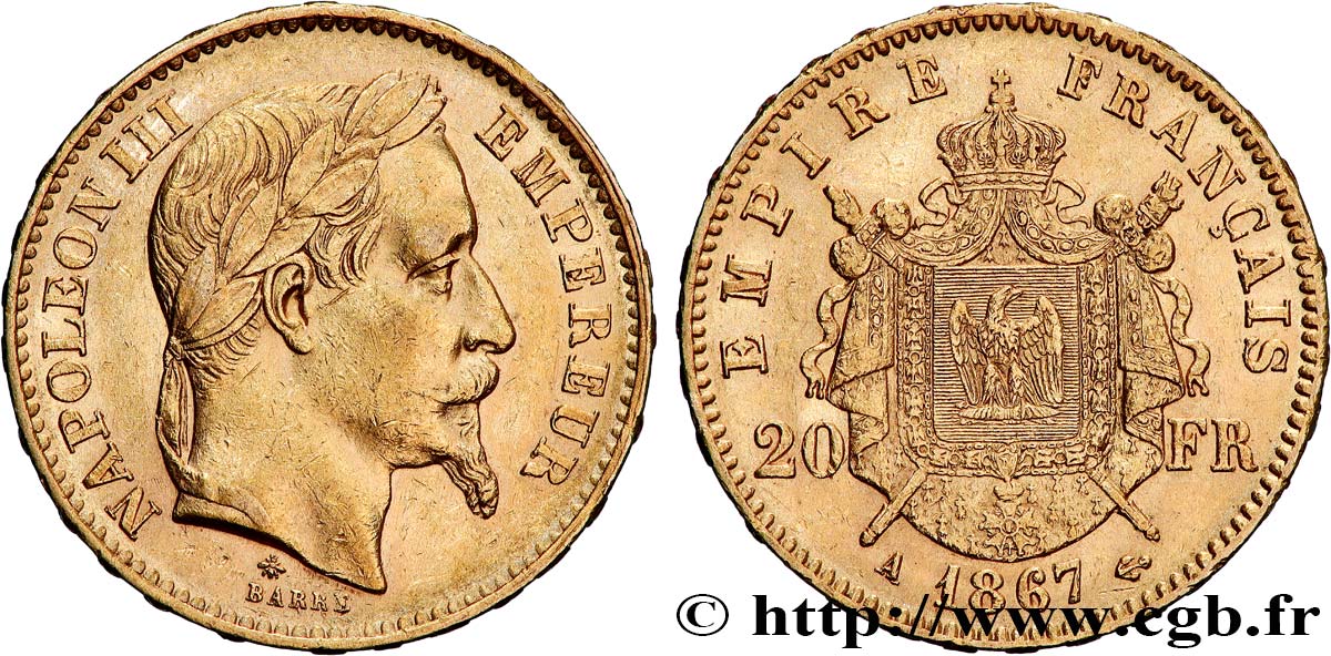 20 francs or Napoléon III, tête laurée 1867 Paris F.532/15 TTB+ 