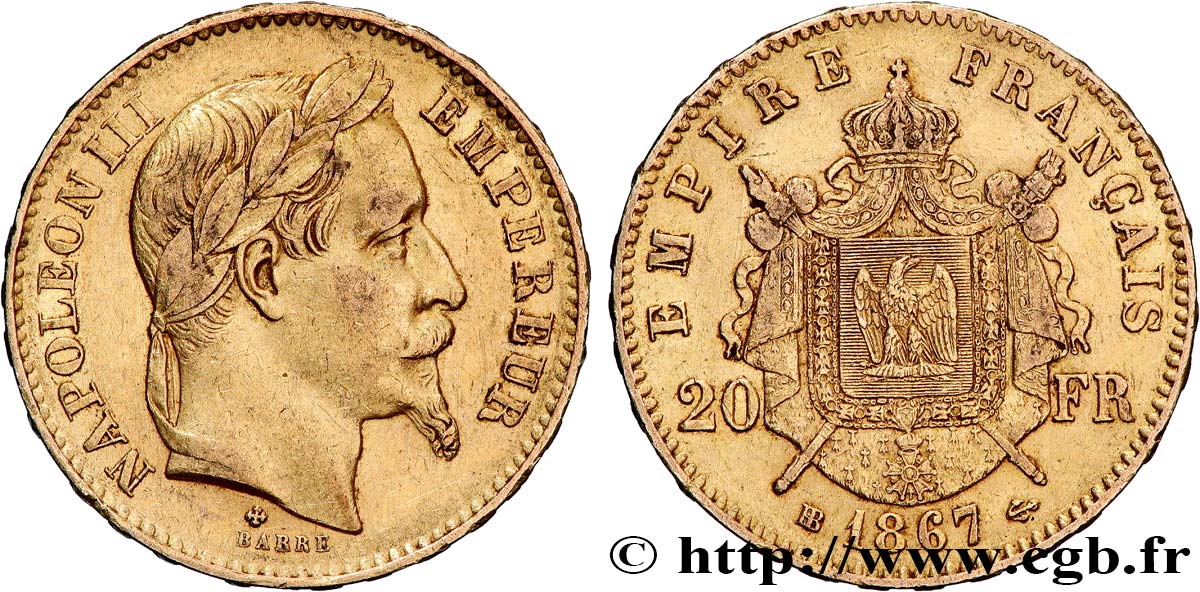 20 francs or Napoléon III, tête laurée 1867 Strasbourg F.532/16 TTB 