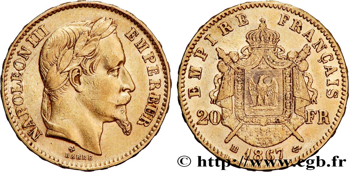 20 francs or Napoléon III, tête laurée 1867 Strasbourg F.532/16 TTB 